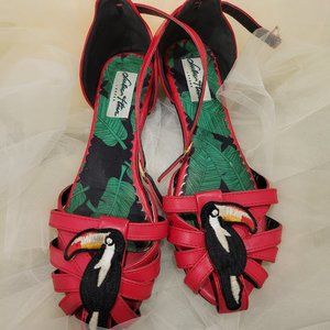 One of a Kind: Red Toucan Leather Flats with Ankle Strap